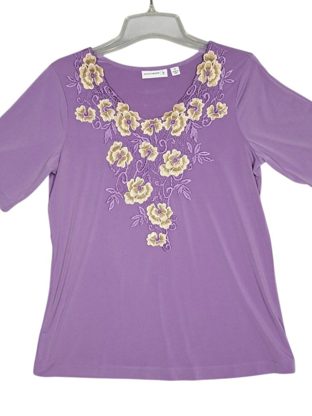 Susan Graver Liquid Knit Top Blouse Purple S Applique Lace Flowers Floral Womens